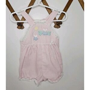VTG Baby Girl Bubble Romper 6-9 Months Seersucker Pink White Mouse Eyelet Lace